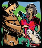 Caricature depicting the Blessing of the Animals at Mission San Luis.